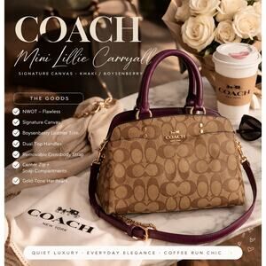 Coach Mini Lillie Carryall Khaki Signature Boysenberry Satchel Crossbody NWOT